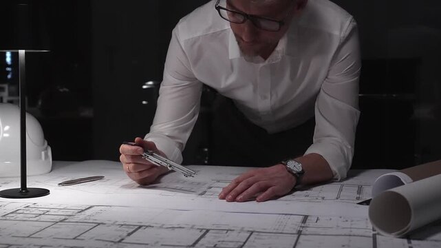 Architect designing building plans at night, working overtime on a new construction project with tools and blueprints.