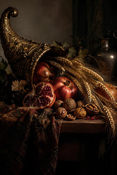 Abundant Cornucopia Filled with Pomegranates Walnuts and Wheat Stalks