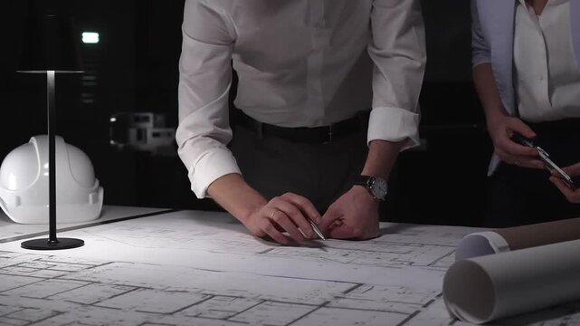 Architects and engineers collaborating on blueprint plans, working together on an architecture project layout design late at night.
