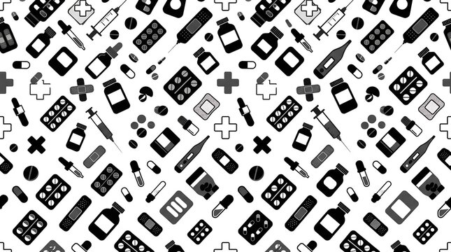 Premium Medical Seamless Pattern with Medicine, Healthcare and Pharmacy Elements Flat Vector Illustration on White Background