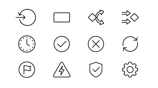 Modern collection of essential outline interface icons for web and mobile applications, representing various functions like time, security, settings, and status