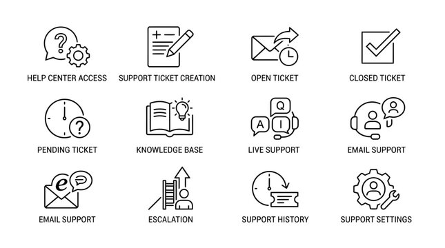 Vector line icons for customer service, helpdesk, and technical support operations. Features ticket management, knowledge base, live chat, and system settings