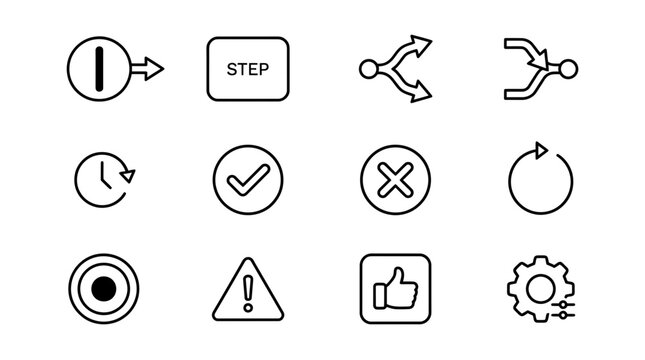 Comprehensive set of clean line icons for depicting workflow, process steps, status updates, control actions, and feedback mechanisms across various digital platforms and business applications