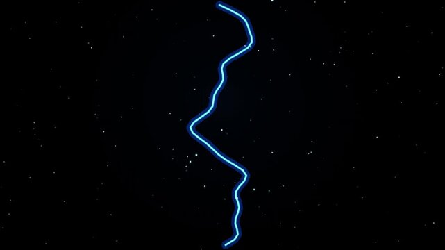 Neon blue lightning bolt flashing continuously against dark starry night sky background.