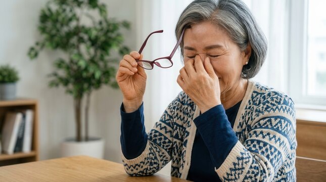 Elderly Woman Rubbing Tired Eyes While Holding Glasses At Table