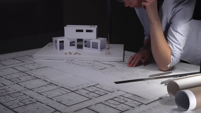 Female architect thinking about a modern house architecture project with blueprint and model on desk. Business and architect people concept