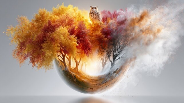 Tree bursts into autumn colors, swirling mid-air. An owl perches calmly on its branches, watching. Dust clouds fade as seasons shift in surreal motion. Soft light bathes the scene in gentle warmth