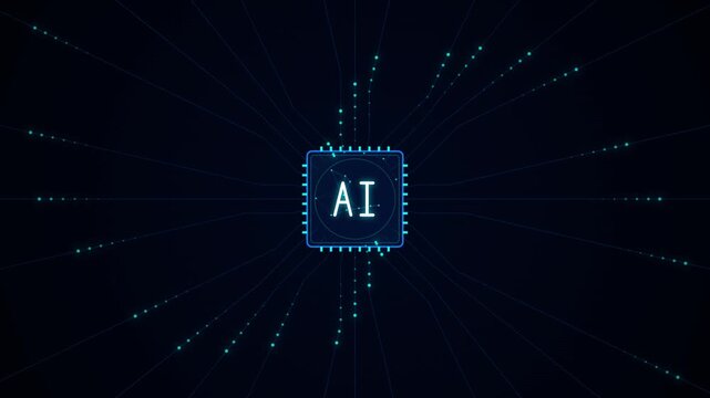 Artificial intelligence microchip with glowing data transfers on circuit board in dark environment.