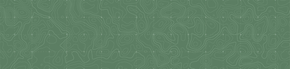 Muted sage green topographic map combines delicate contour curves with coordinate grid and crosshair marks, forming subtle geographic terrain pattern for outdoor navigation modern cartography projects © SpainArts