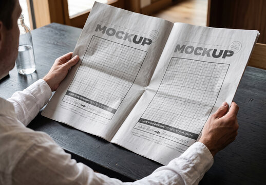Person Holding Open Newspaper Pages Mockup