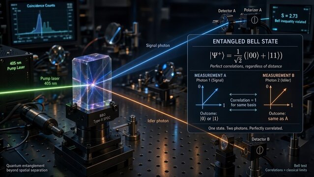Nonlinear crystal producing a pair of entangled photons with a zoomed inset showing correlated polarization states, bell state equation, and measurement correlation vectors