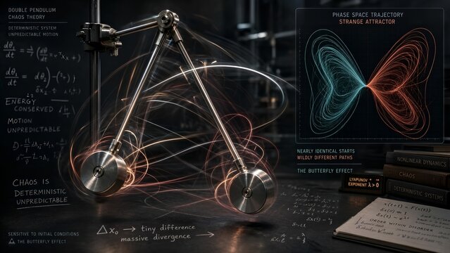 Chaotic double pendulum in frantic motion against a dark laboratory surface with a zoomed inset mapping a strange attractor phase space trajectory and butterfly effect sensitivity