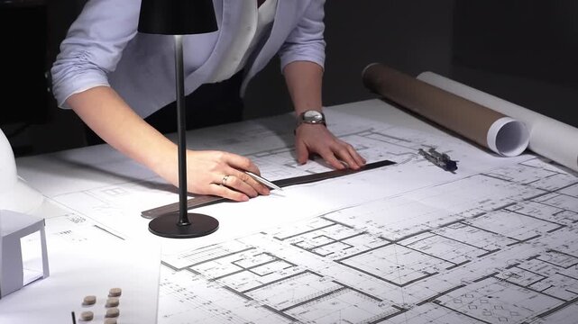 Architect developing blueprint for construction project, drafting building plan using ruler on desk with safety hard hat. Business and architect people concept