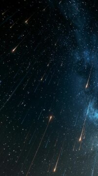 Bright glowing streaks move across a starry nebula sky. This meteor shower occurs at night and showcases natures beauty.