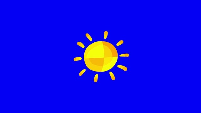 Sun hand drawn with rays painting on bluebox. Nice texture happy cartoon drawing doodle beautiful yellow animation object. Crazy paint cartoon blue screen background shaking frame by frame style.