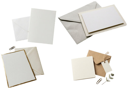 A set of blank card mockups with envelopes and paper accessories in different sizes and layouts on a clean white background.
