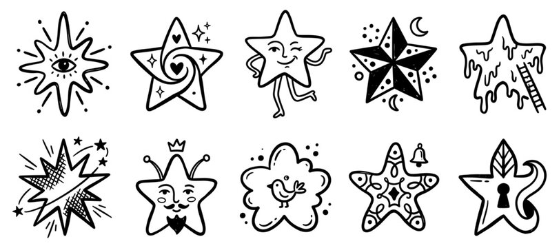 Mystical stylized stars and celestial shapes doodle set, all seeing eye star, melting star ladder, star king, retro sparkle, and vintage astrology vector