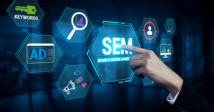 Modern Digital Marketing Concept with Hand Interacting with SEM Visualization and Analytics Data in a Futuristic Setting Fluxor.