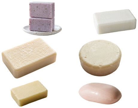 A clean assortment of blank soap bars in varied shapes and soft pastel tones for spa, hotel, and packaging mockups.