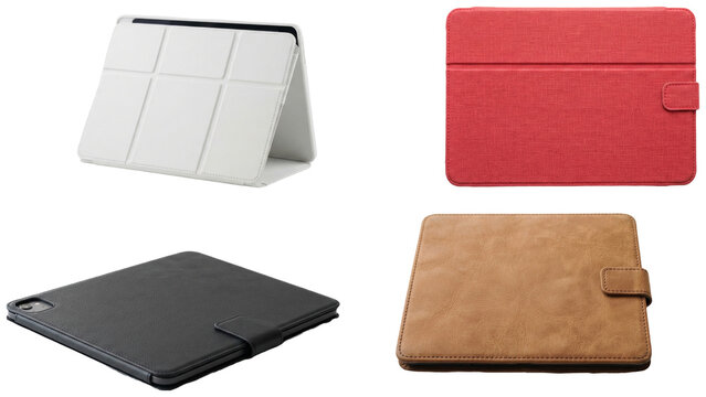 A set of tablet folio and stand case mockups in different colors and materials on a white background.