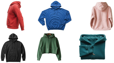 A set of blank hoodies in varied colors and styles for apparel presentation and retail design. © A2026_XXX