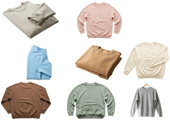 A set of blank sweatshirt mockups in varied colors, folds, and views for apparel presentation and design layouts. © A2026_XXX