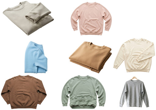 A set of blank sweatshirt mockups in varied colors, folds, and views for apparel presentation and design layouts.