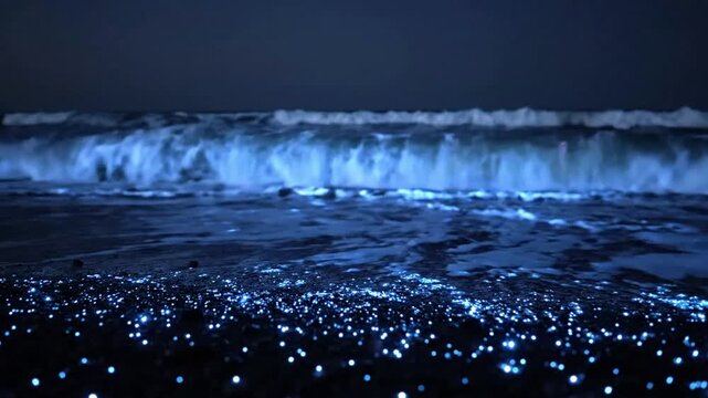 Bioluminescent waves crashing on dark beach at night: glowing blue sea sparkle and natural marine phenomenon