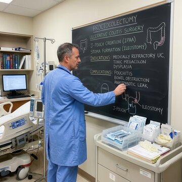 Doctor Explaining Proctocolectomy Surgery Procedure On Chalkboard In Medical Room