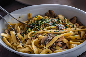 Foie gras and mushrooms tagliatelle pasta at a restaurant in Ventimiglia, Italy © SvetlanaSF