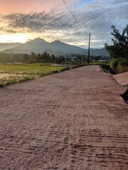 Fototapeta premium A peaceful countryside landscape in Indonesia featuring a concrete village road leading through green rice paddies toward a majestic mountain silhouette at sunrise. Dramatic clouds, soft golden mornin