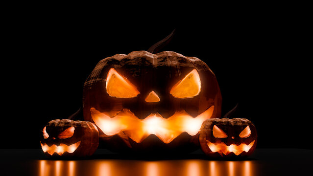 Halloween jack o lantern pumpkins glowing in the dark 3d render