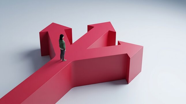 Miniature woman standing at a red three-way arrow crossroads representing career decisions and life choices