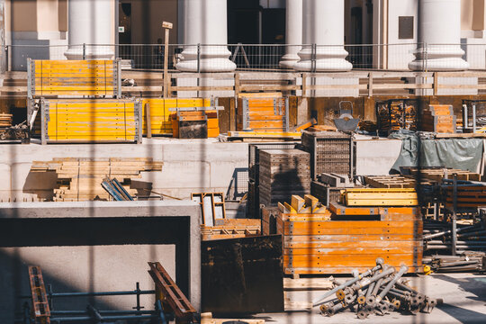 Urban construction site with excavation and construction barriers in Germany, 2015