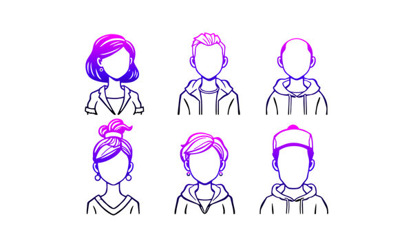 People avatar character icon set line art vector illustration purple gradient