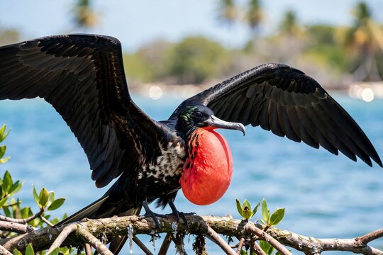 Stunning male magnificent frigatebird displaying its fully inflated bright red gular sac while perched on a branch near the ocean, a spectacular courtship ritual showcasing wildlife beauty