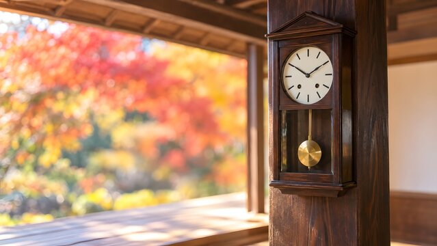 縁側の柱に掛けた昭和の柱時計 紅葉の庭が見える秋の日本家屋