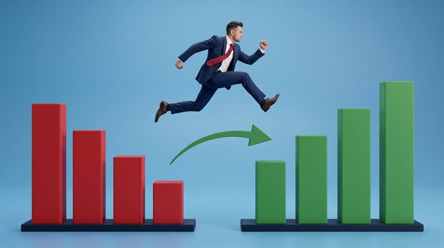 Businessman jumping from a declining red bar chart to a rising green bar graph representing career success and business growth