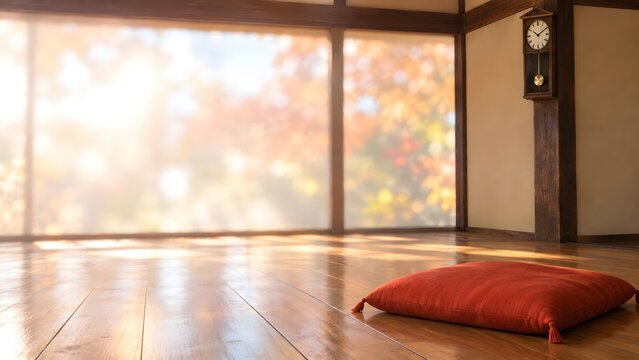 板の間の朱の座布団と柱に掛けた柱時計 紅葉の庭に面した秋の日本家屋