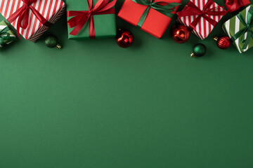 Naklejka premium Festive green and red wrapped presents with ribbons and ornaments for Merry Christmas and Happy New Year celebration