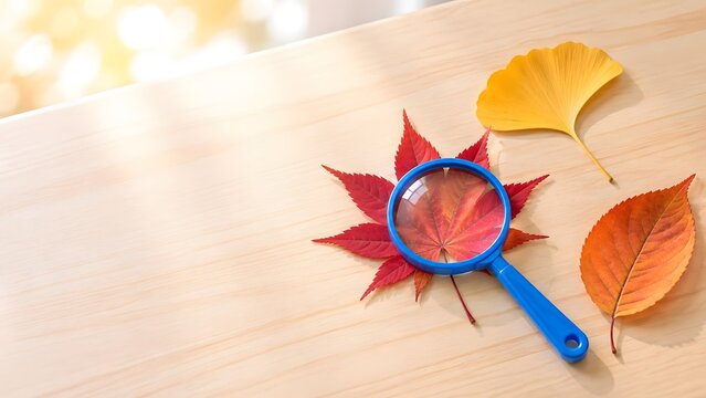 赤いもみじと青い虫眼鏡 いちょうと桜の落ち葉を並べた秋の自然観察