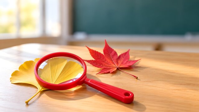 教室の机に置いた赤い虫眼鏡といちょうの葉 黒板が背景の秋の理科の学習