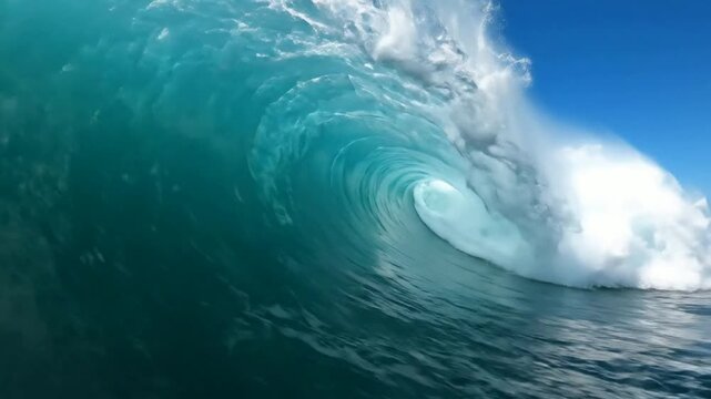 Powerful ocean wave crashing in tropical waters: barrel tube view for travel and adventure backgrounds