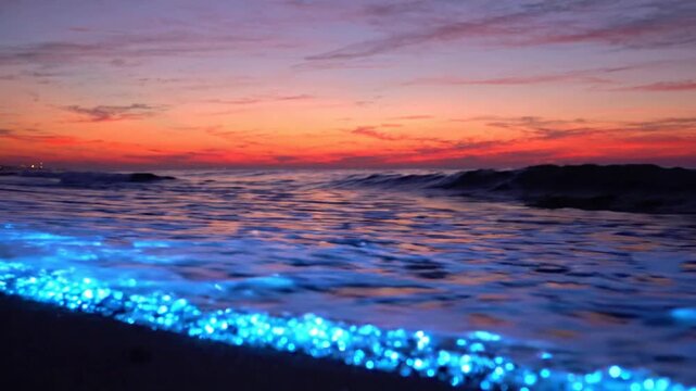 Bioluminescent waves glowing at sunset, neon blue sea tide on tropical beach at dusk, magical ocean night scenery