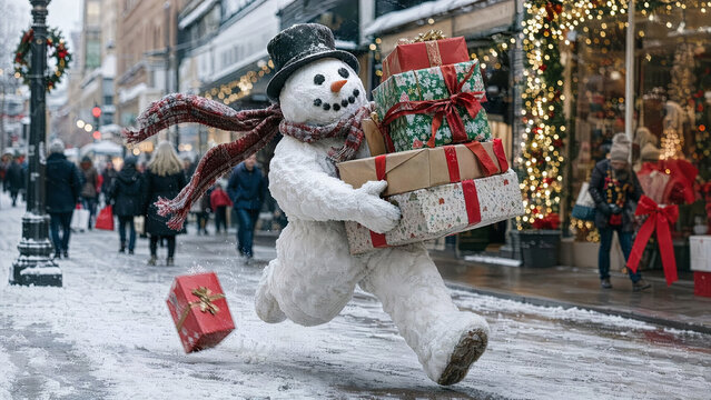 Funny Christmas Gift Shopping Concept. Festive Snowman Dashing Through Snowy Street with Christmas Gifts in Crowded Shopping Area. Image made using Generative AI.