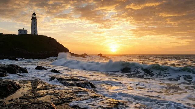 Lighthouse at sunset with crashing ocean waves on rocky coastline