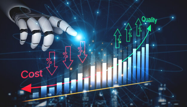 Futuristic Technology Visualization of Data Analytics with Graphs Showing Cost Reduction and Quality Improvement Using Automation and Robotics Concepts. Bitwise.