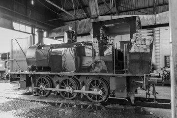 Monochrome image of an old British steam locomotive under restoration © Robert Parker