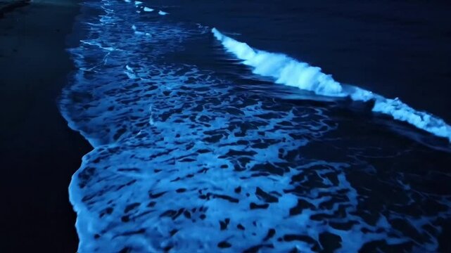 Bioluminescent waves crashing on dark beach at night, glowing blue sea foam, natural marine phenomenon