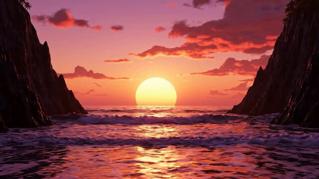 Golden sunset over tropical ocean cove with gentle waves and dramatic coastal cliffs, serene seascape horizon at dusk